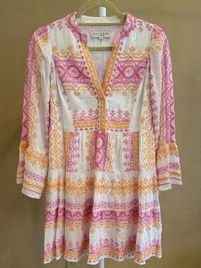 Hale Bob embroidered dress vibrant pink & orange geometric embroidery XS